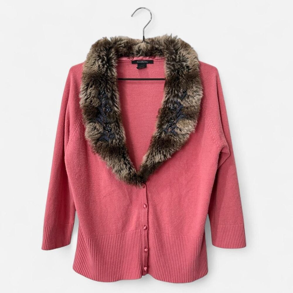 RARE Y2K Pink cardigan faux fur collar beaded XL Womens Coquette Glam Chic Fall